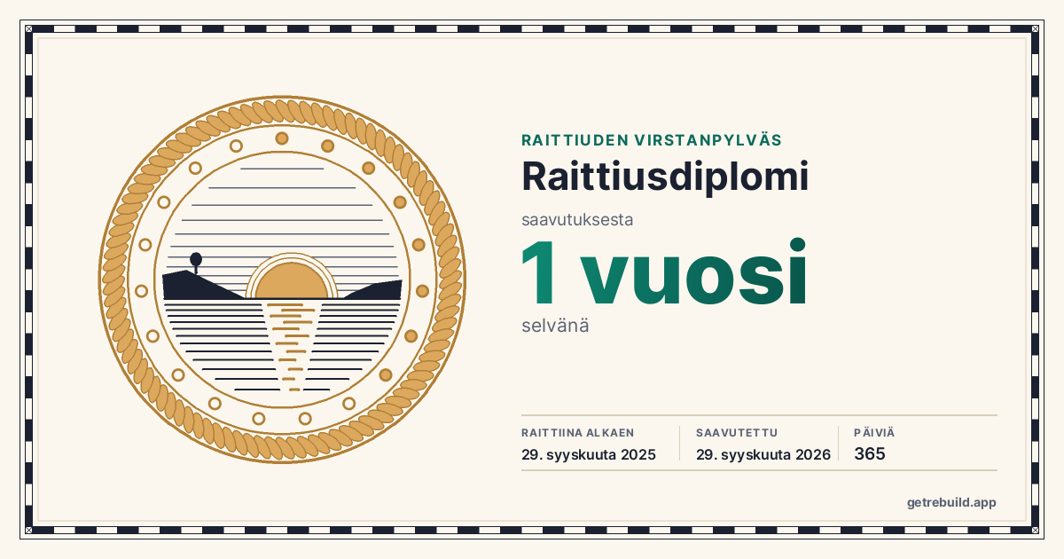 Raittiusdiplomi: 1 vuosi