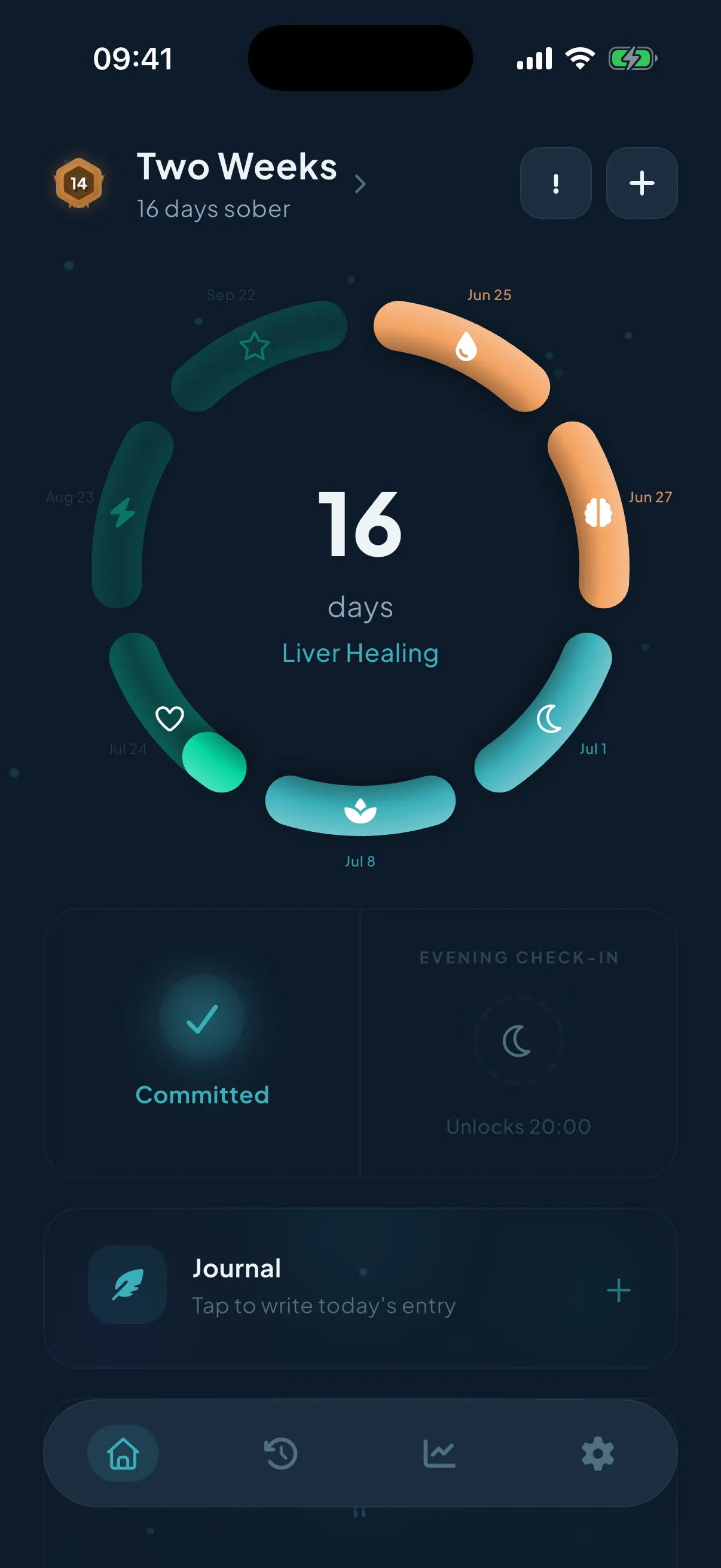 Rebuild's home screen: a recovery ring showing 16 days sober in the Liver Healing phase, with milestones, today's commitment marked, and an open journal.