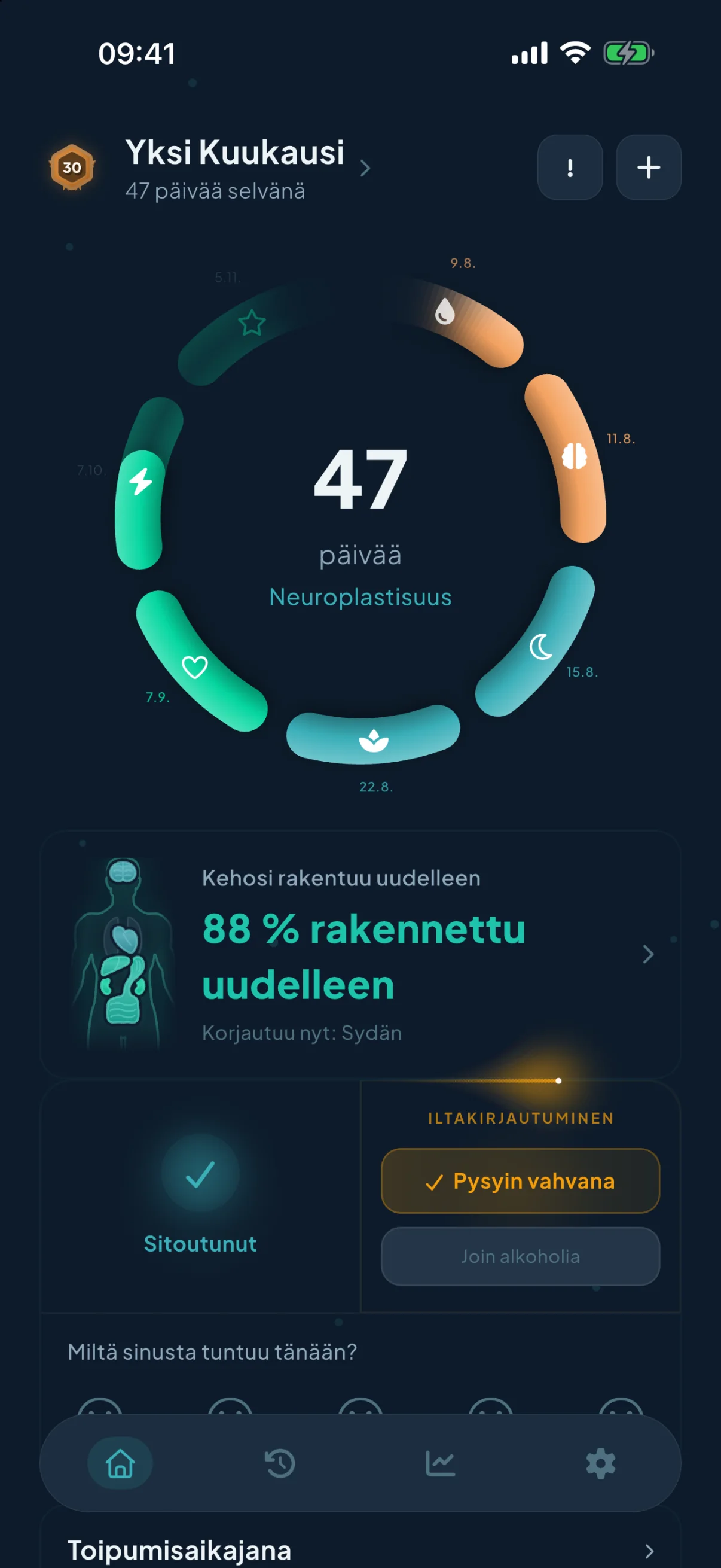 Rebuildin aloitusnäkymä: toipumisrengas näyttää 16 päivää selvänä Maksan paraneminen -vaiheessa, virstanpylväät, tämän päivän sitoumus merkittynä ja avoin päiväkirja.