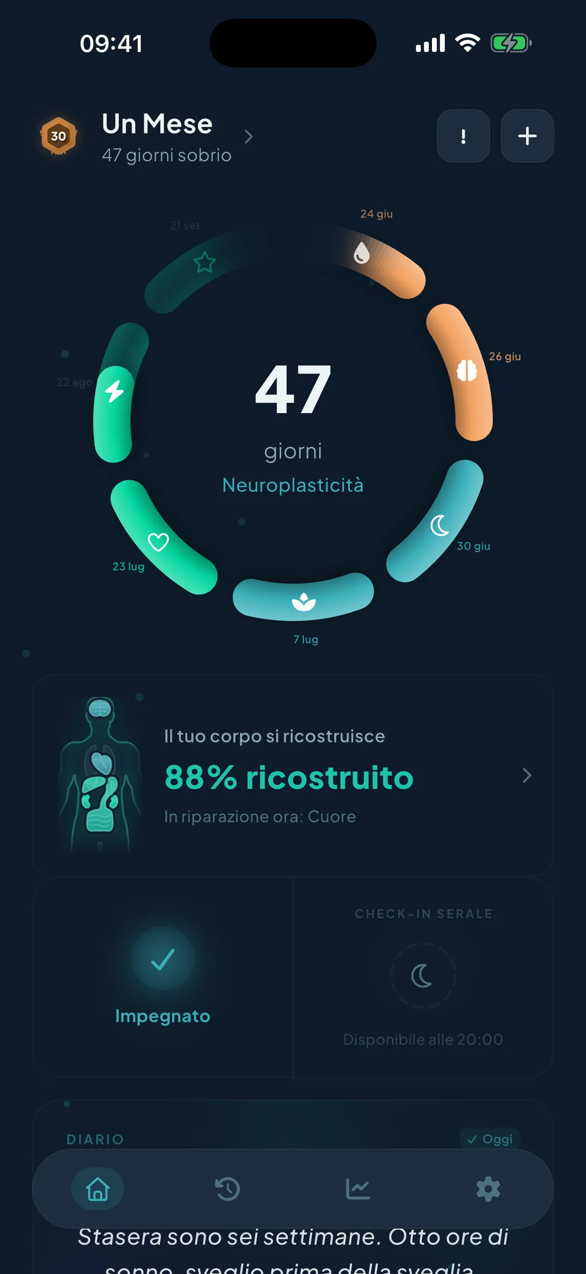 La schermata iniziale di Rebuild: un anello del recupero che segna 16 giorni di sobrietà nella fase Riparazione del Fegato, con i traguardi, l'impegno di oggi spuntato e il diario aperto.
