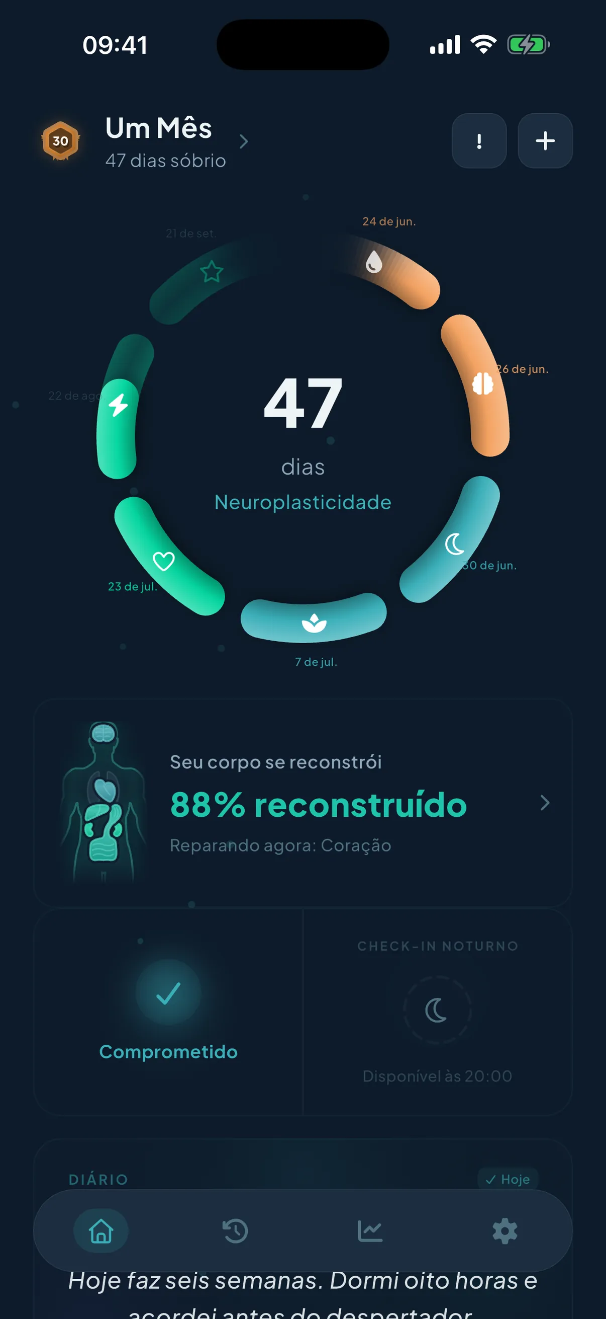 Tela inicial do Rebuild: um anel de recuperação mostrando 16 dias sem álcool na fase de cura do fígado, com marcos, o compromisso de hoje marcado e um diário aberto.