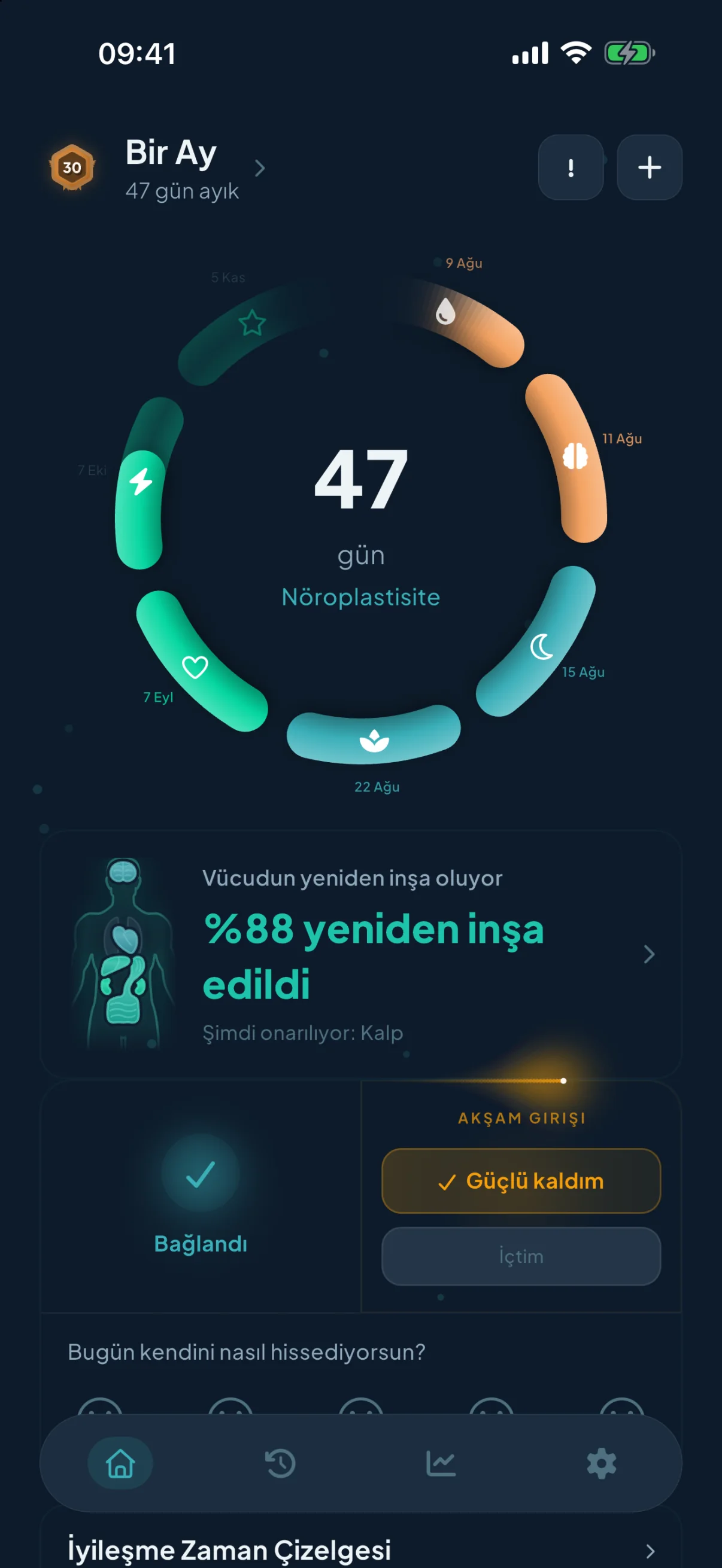 Rebuild'in ana ekranı: Karaciğer İyileşmesi evresinde 16 gün ayıklığı gösteren iyileşme halkası, dönüm noktaları, bugünün kararı işaretli ve açık bir günlük.