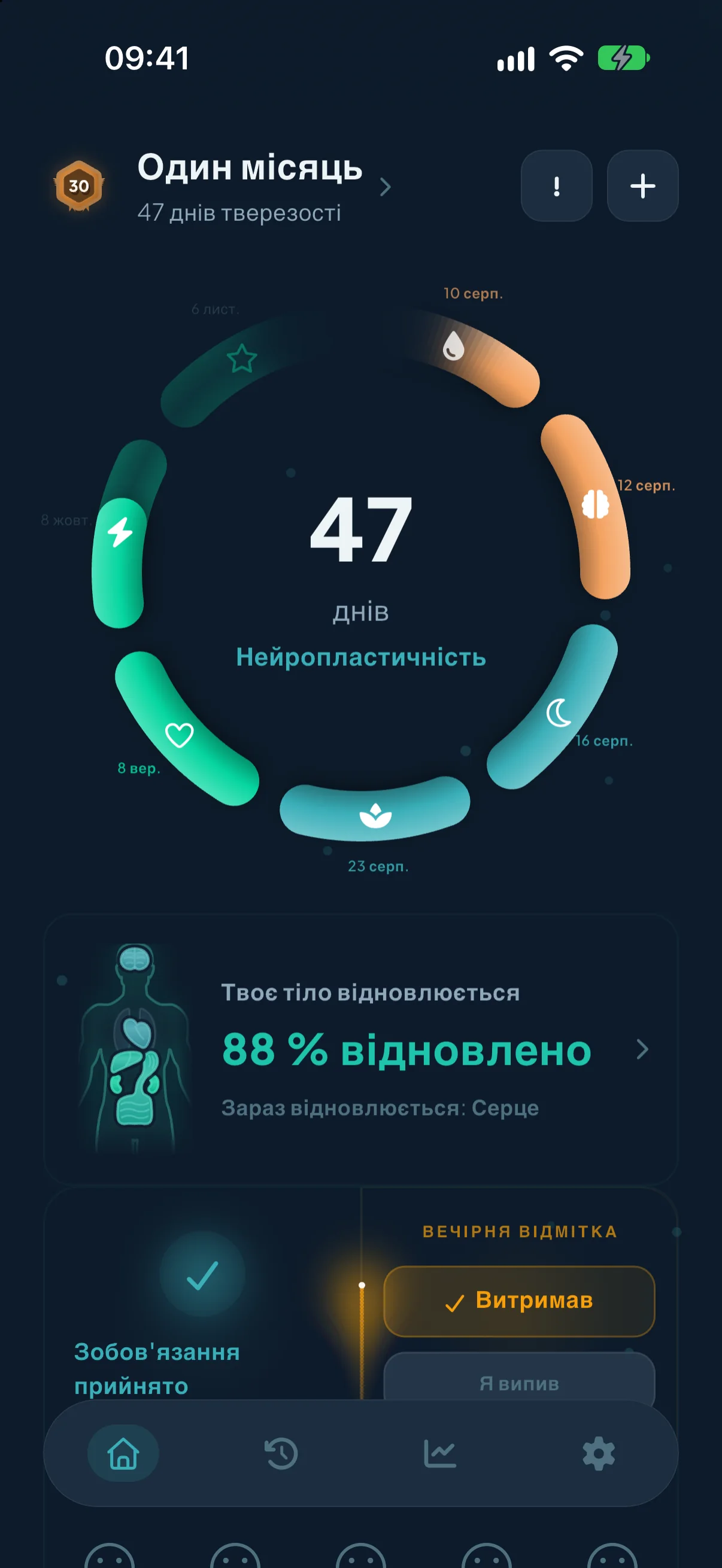 Головний екран Rebuild: кільце відновлення показує 16 днів тверезості у фазі «Відновлення печінки», поруч віхи, позначена сьогоднішня обіцянка й відкритий щоденник.