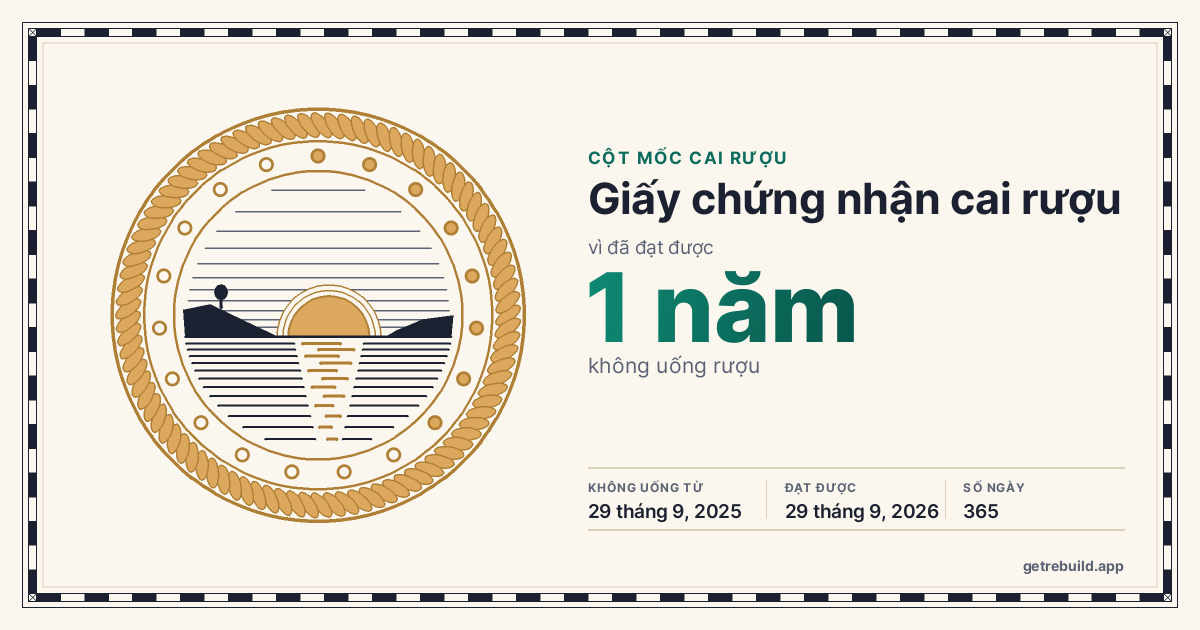 Giấy chứng nhận cai rượu cho mốc 1 năm